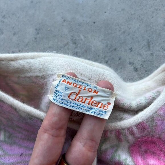 True Vintage 50s 60s Floral Cardigan Angora Rabbit Lambs Wool Women's XS-Small - Picture 3 of 8